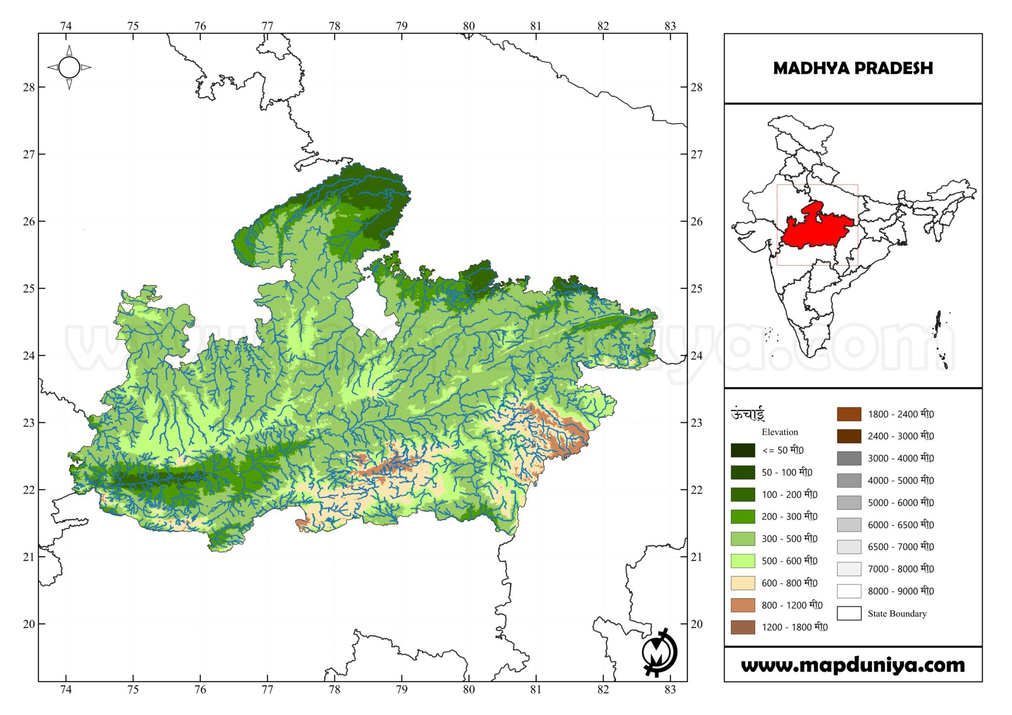 MADHYA PRADESH Physical Map With Rivers – www.mapduniya.com – Maps Of India