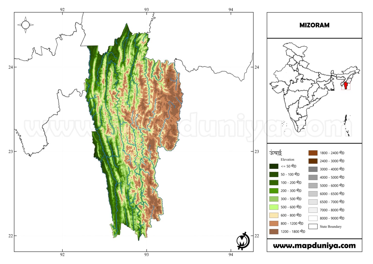 MIZORAM Physical Map With Rivers – www.mapduniya.com – Maps Of India