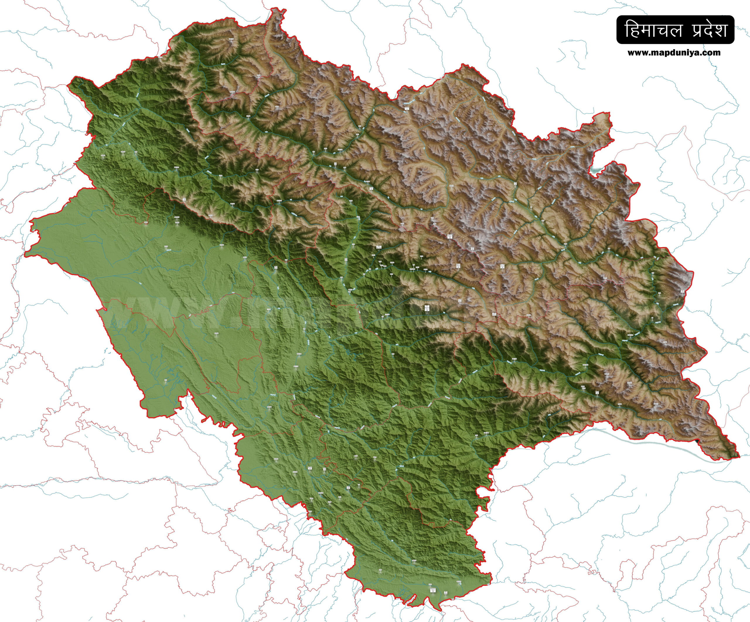 Himachal Pradesh 3D Map Showing Major Peaks and Rivers