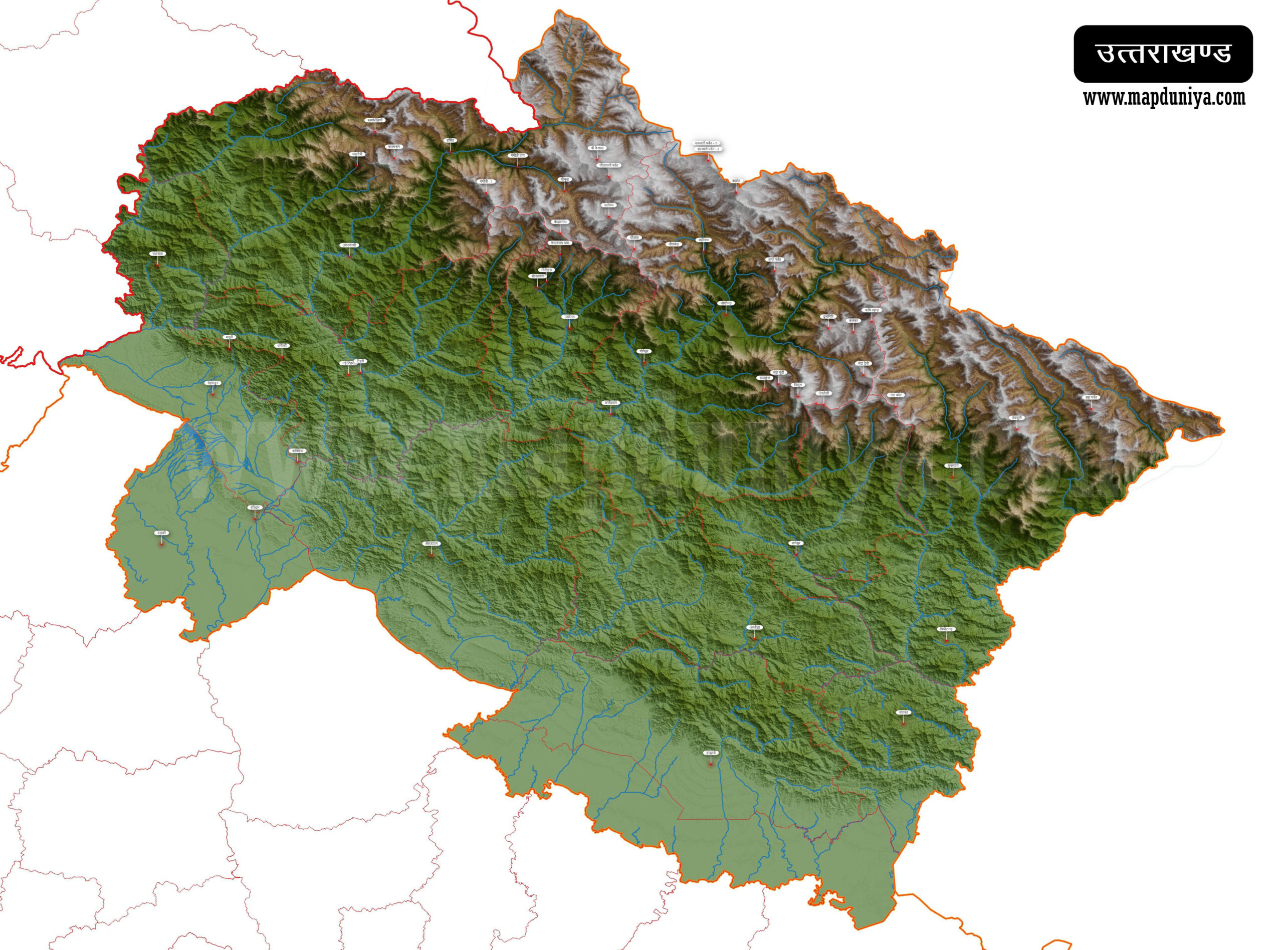Uttarakhand 3D Map Showing Major Peaks and Rivers